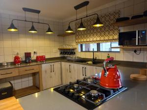 圣卢西亚Hornbill Family Suites的厨房配有带红茶壶的炉灶
