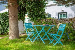 阿莱奥尔Menorca Agroturismo Llimpet的两把蓝色的椅子和一棵树旁边的桌子