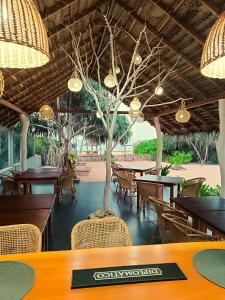 坦加拉Sleeping Elephant Beach Resort的一间设有桌椅的餐厅,还有一棵树