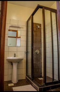 尼亚利Lux Suites Impala Apartments Nyali的带淋浴和盥洗盆的浴室