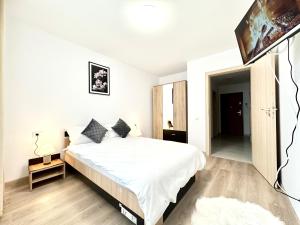 布拉索夫Urban Plaza Astra - Rise Private Apartments & Suites的白色卧室设有一张大床和一台平面电视。