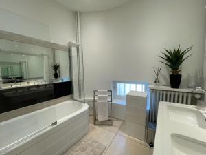 伊居利Grand appartement d'exception au Château Randin的带浴缸、两个盥洗盆和浴缸的浴室。
