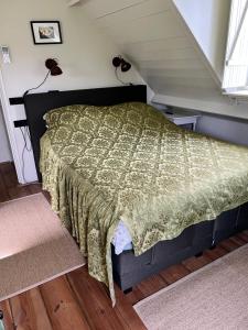 SebaldeburenLodge De Zandbalk的一间卧室配有一张带绿色棉被的床