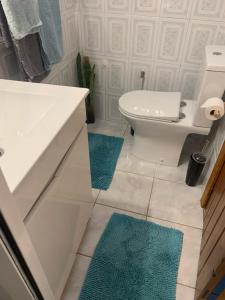 莫尼兹港Waves Song - Cottage的浴室设有白色卫生间和蓝色地毯。