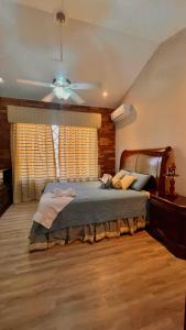 下博克特Casa familiar en Boquete的一间卧室配有一张床和吊扇