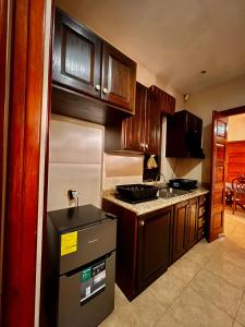 下博克特Casa familiar en Boquete的厨房配有木制橱柜和不锈钢冰箱。