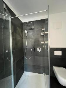 美因茨Modern Apartment Mainz by PMA的带淋浴、卫生间和盥洗盆的浴室