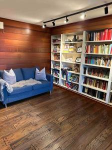 萨普斯堡Nyoppusset og romslig leilighet med 6 soveplasser i et familievennlig område的客厅配有蓝色的沙发和书架