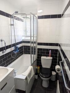 伦敦曼妙花园公寓的浴室配有卫生间、浴缸和水槽。
