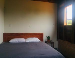 大叻Elon Coffee Farmstay的一间卧室配有带两个枕头的床和窗户