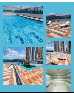 布卡拉曼加Apartamento en Bucaramanga的一张游泳池和一座桥梁的照片拼贴