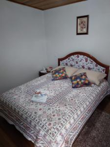 邦雅尔丁-达塞拉Pousada Vivenda das Flores Ltda的一间卧室配有一张带被子和枕头的床