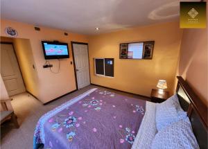 克利翁Hospedaje Mirador Quellón的一间卧室配有一张紫色床,墙上配有电视