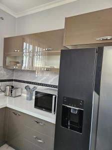 卢萨卡Villa Serene的厨房配有黑色冰箱和微波炉。