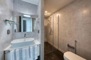 埃里温Expocore Hotel的一间带水槽、淋浴和卫生间的浴室