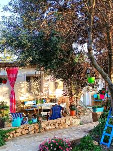 兰佩杜萨Cala Creta的一个带椅子和桌子的庭院和一棵树