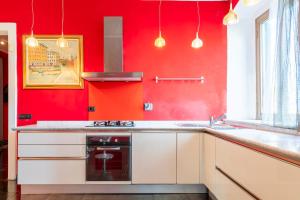 利沃诺Steel house的红色的厨房设有水槽和炉灶