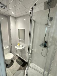 格拉斯哥Rangers GuestHouse的带淋浴、卫生间和盥洗盆的浴室
