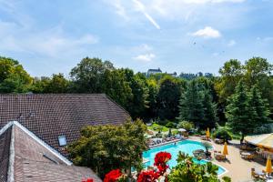 巴特拉德克斯堡Hotel im Park的享有带度假村的游泳池的顶部景致