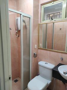 史里肯邦安Dream East Lake的一间带卫生间、水槽和镜子的浴室