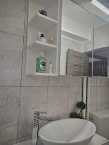 普洛耶什蒂Cazare Ploiesti的一间带水槽、卫生间和镜子的浴室