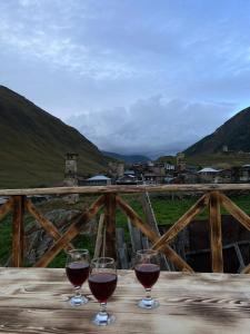 乌树故里Guest House Buba的木桌旁放着两杯红葡萄酒