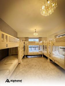 迪拜Alphatel Beach Hostel JBR的一间卧室设有两张双层床和吊灯。