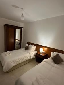 瓦迪穆萨Marvel Hostel的酒店客房,设有两张床和镜子