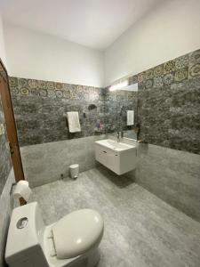拉瓦尔品第Alpha Guest House的一间带卫生间和水槽的浴室