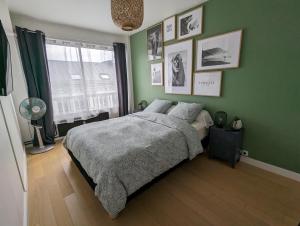 图尔昆Appt cosy en cœur de ville proche Lille - 15 min的一间卧室设有一张带绿色墙壁和窗户的床。