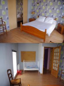Gréville-HagueGîte du Lieu Piquot的卧室两张照片,配有一张床和一张婴儿床