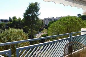 戛纳Standing T2 Domaine des palmiers air-conditioned with parking and pool的阳台拥有蓝色栏杆和树木