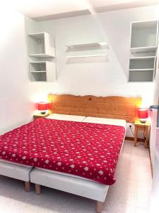 德沃吕伊APPARTEMENT CHALETS DU SUPER D的一间卧室配有一张带红色毯子的大床