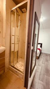 巴黎HOTEL LOUVAIN的浴室设有玻璃淋浴间和镜子