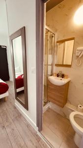 巴黎HOTEL LOUVAIN的一间带水槽、卫生间和镜子的浴室