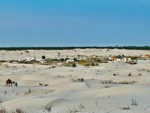 SabriaLuxury Camp Dunes Insolites Sabria的一个人和马在沙子里行走