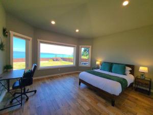 BretlandNew Lighthouse Port Susan View House Camano的一间卧室配有一张床、一张书桌和两个窗户。