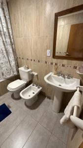 乌斯怀亚Casa Los Ñires Ushuaia的一间带卫生间、水槽和镜子的浴室