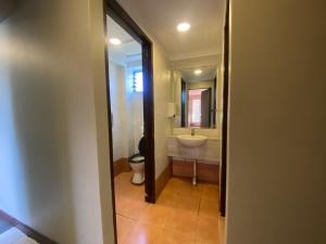 苏瓦Island Travelers Accommodation的一间带卫生间、水槽和镜子的浴室