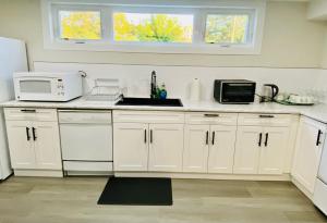 多伦多VJ Home的厨房配有白色橱柜、水槽和微波炉