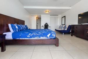 马霍礁Sand Bar Cove - Beach Bar Studio next to The Morgan Resort的一间卧室配有一张带蓝色棉被的床