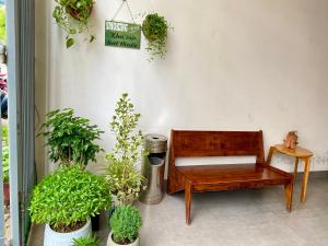 岘港Han Apartment的围墙旁的长凳和盆栽植物