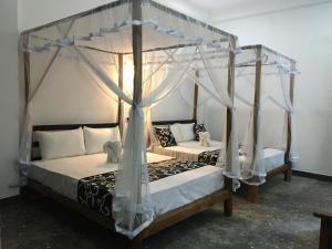 达瓦拉维Peacock Riverside Eco Lodge的配有两张天蓬床的客房内的两张床