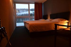 莱斯布里内特Hotel Les Rives Du Doubs的酒店客房设有床和窗户。