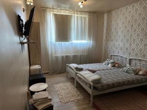 克拉约瓦Pensiunea exotic的一间卧室设有两张床和窗户。
