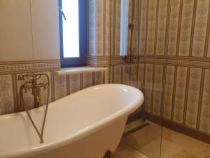 布什泰尼Poiana Golf Chalet的带浴缸的浴室和窗户