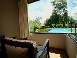 清刊River Tree Resort的客房设有大窗户,享有游泳池的景色