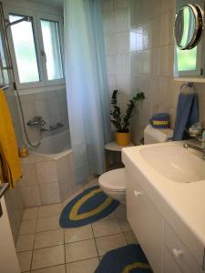 埃申Garten-Wohnung的浴室配有盥洗盆、卫生间和浴缸。