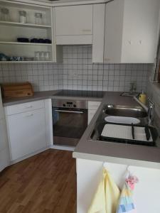 埃申Garten-Wohnung的厨房配有不锈钢水槽和白色橱柜