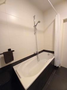 雅莱L'appartement du CPW的带淋浴的浴室配有白色浴缸。